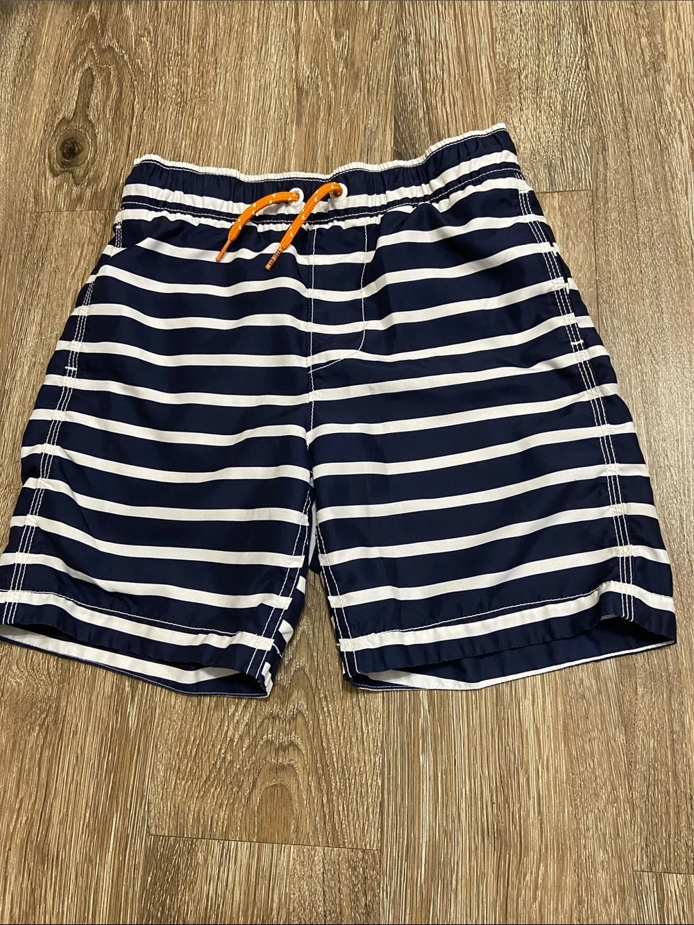 GAP Navy and White Striped Kids Swim Trunks with Orange Drawstring